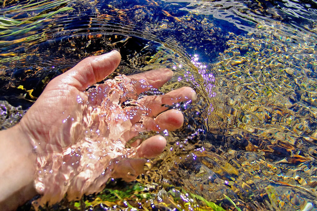 Pessoa com a mão em um rio de água doce
