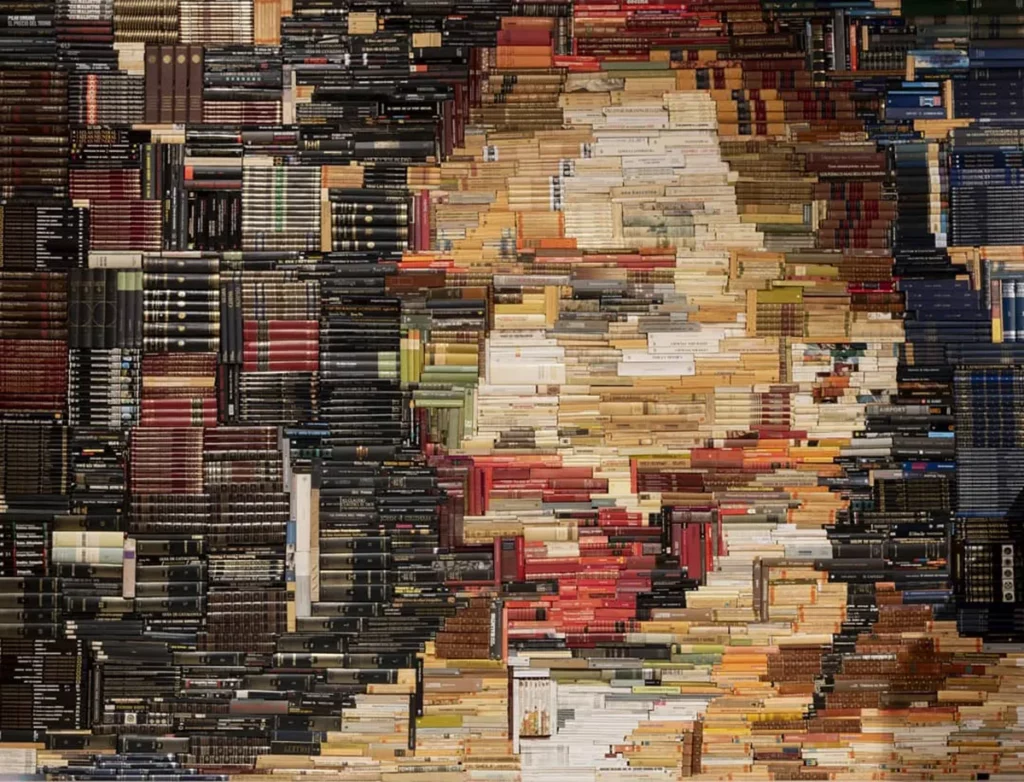 Artista cria quadros de personalidades famosas, usando livros