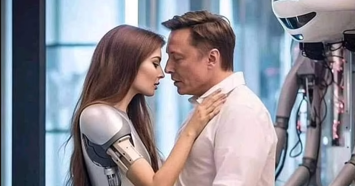 Elon Musk beijando um robô.
